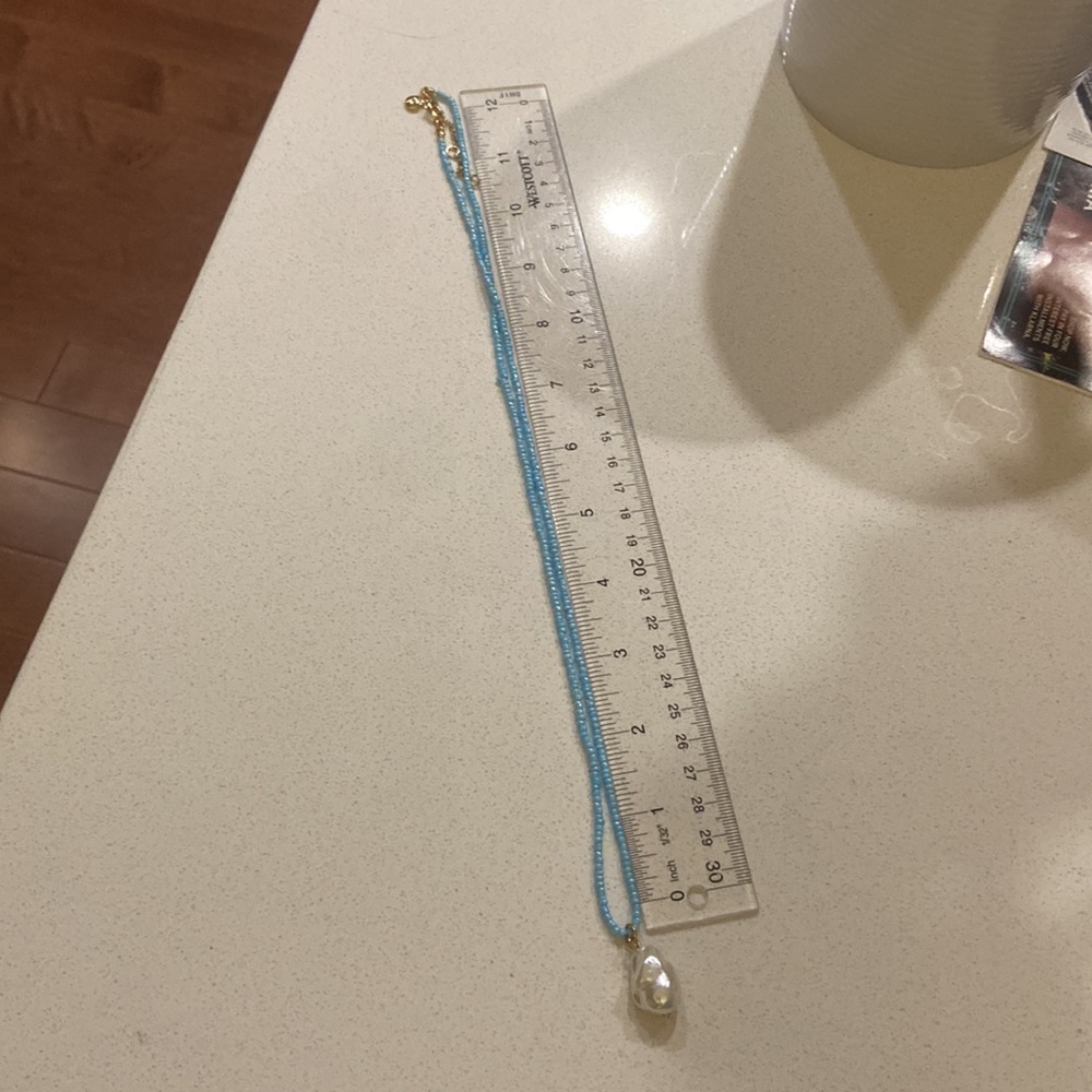 J. Crew Blue Beaded Necklace with Gold Accents and Pearl Drop